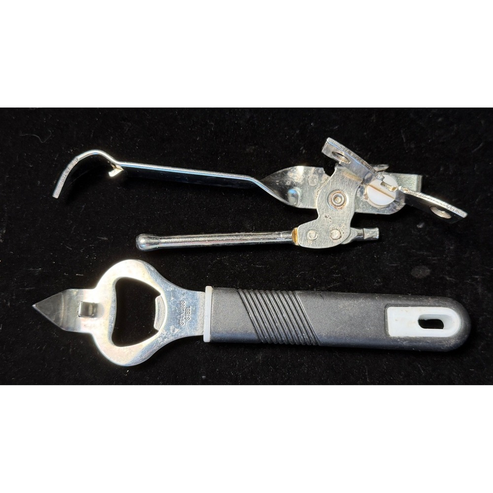 Vintage EKCO Miracle 3-Way Opener and Stainless Bottle Opener Set, Silver Black